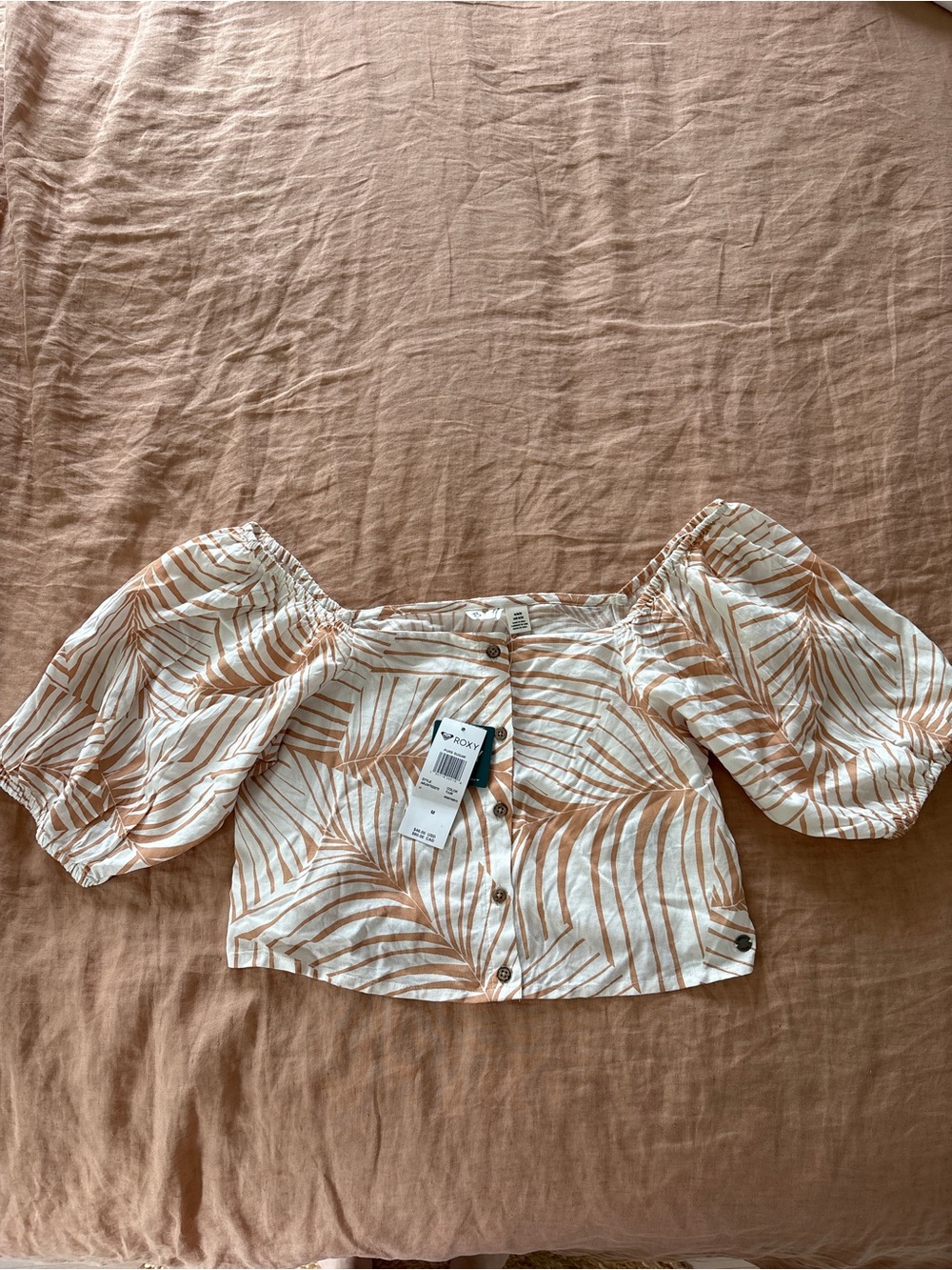 Roxy White and Tan Palm-Print Puff Sleeve Crop Top